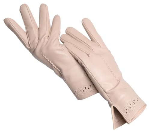 Damen Schaffell-Handschuhe, Winter, warm, Fleece, kurz, dünn, Fahrfarbe, Lederhandschuhe, beige, 36