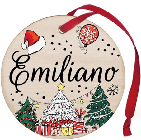 Personalisierte Weihnachtskugel mit Namen Emiliano, Weihnachtsdekoration aus 100 % italienischem Holz, 8 cm großer Weihnachtsbaumschmuck (Holz, Emiliano)