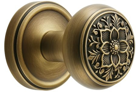 FLIRABBIT Türknauf-Set aus antikem Messing, Vintage-Stil, massives Messing, drehbar, dekorativer Griff, kunstvolles Blumen-Design für Schrank, Innenbereich, französische Türen, 2 Stück