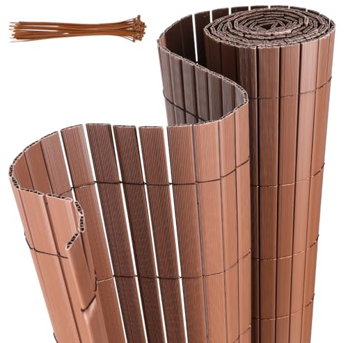 Jaxguom PVC Sichtschutzmatte, 180 x 600cm Sichtschutzzaun mit Kabelbindern, Verstärkte W-Struktur Lamellen, Wetterfester Windschutz für Balkon, Garten und Terrasse, Braun