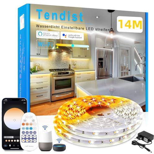TENDIST 14M Led Streifen Weiß Alexa Kompatibel, 24V 3000k-6500K Warmweiß bis Kaltweiß Dimmbar mit Fernbedienung, Led Strip Weiß Selbstklebend Beleuchtung für Innen Küche Dekoration