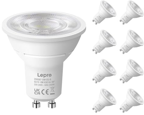 Lepro Bombilla LED GU10 6W(Equivalente a 80W), 630 lm, 6500K, Pack de 8 | Bombillas LED Blanca Fría, Ángulo de Haz de 38°, Ahorro de Energía, No Regulable, CRI＞80 para Iluminación de Interior