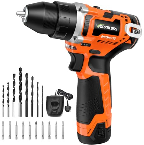 WorkBless 12V Cordless Drill, Brushless Power Drill with LCD Smart Display, 30 Torque Setting, 3/8'' Keyless Chuck, 18Pcs Drilling Driver Bits, 2.0Ah Battery & Charger Included(Orange)