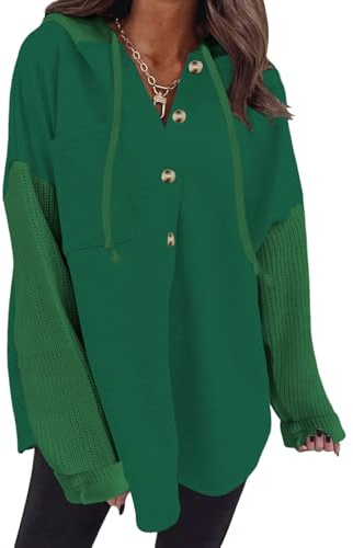 Cuptacc Sweatshirt Damen Pullover Langarm V Ausschnitt Hoodie Damen Oversize Mit Kordelzug Strickjacke Longpullover Winter Dunkel Grün, XXL 50
