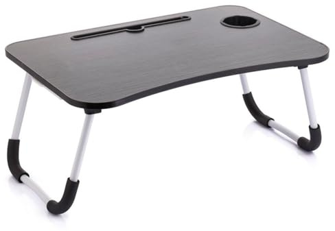 Tradineur - Mesa auxiliar plegable con Ranura - Fabricado en madera y metal - Incluye posavasos y cajón de almacenamiento - Ideal para cama, viajes y acampadas - Peso máx. 10 kg - 26 x 60 x 40 cm
