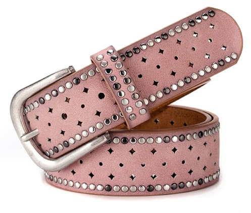 Jalach Damen Nieten Gürtel mit Stern Loch, breiter Ledergürtel, kürzbar Jeansgürtel, Leder Nietengürtel Glitzergürtel (Pink)
