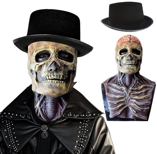Ourdort Gruselige Halloween-Kopfmaske Latex mit bewegbarem Kiefer Vollmaske Grusel-Kopf mit Gehirn-Details und Hut Horror Totenkopf Maske für Karneval, Halloween, Cosplay, Gruselpartys & Festivals
