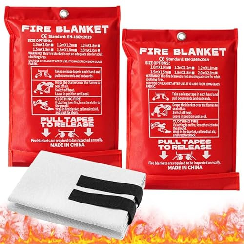 2 x Löschdecke Küche Feuerlöschdecke, 1M Glasfaser Brandschutzdecke Feuerlöscher, Feuerdecke für Notfälle Flammschutzmittel Wärmedämmung Haushalt Fettbrände Büros Garagen Schweißwerkstätten Auto