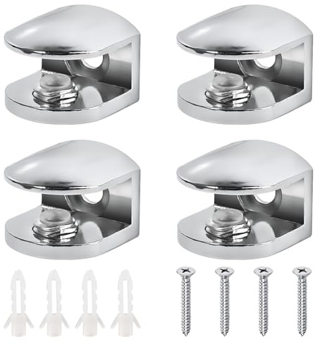 Chrome Glass Shelf Brackets, 4pcs Glass Shelf Support Adjustable Clamps Wall Mounted Metal Clamp, Adaptive 5-8MM Thickness Perfect for Kitchen, Bathroom, Office, Hotel, Shop