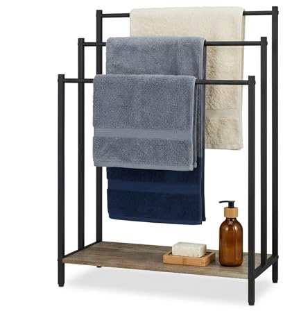Relaxdays Porte-Serviettes autoportant avec Tablette, Bois Aspect, 81 x 60 x 28 cm, Naturel/Noir