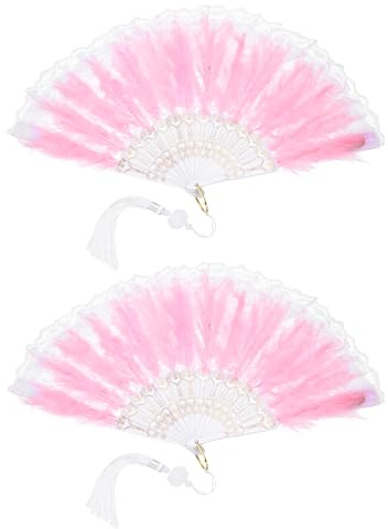 sourcing map 2 Pcs Vintage Folding Fan, Embroidered Flower Marabou Feather Fans 20s Vintage Style Handheld Folding Fan for Dancing Wedding Show Party Tea Party Occasions, Pink(Lace)