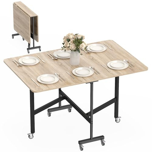 HOMCOM Tavolo da Pranzo Pieghevole, Tavolo Cucina a Ribalta con Ruote a Freno per 4-6 Persone, Scrivania Richiudibile con Struttura in Acciaio, per Soggiorno, 120x80x73 cm, Rovere e Nero