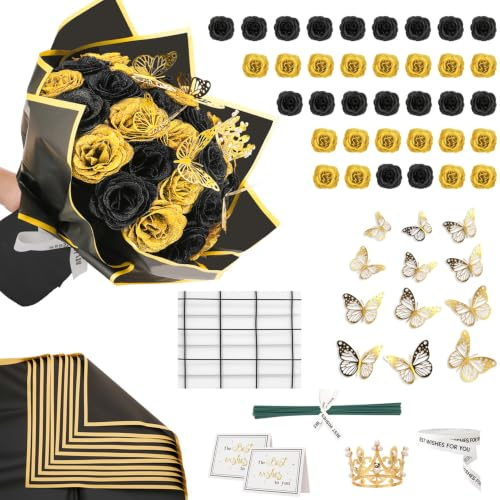 saerryor 36 PCS Glitter Roses Bouquet Kit,Sparkling Flower Arrangement Gold | DIY Fake Glitter Bouquets with Crown,Butterflies for Gifts Wedding Anniversary Engagement Birthday,Mother's Day
