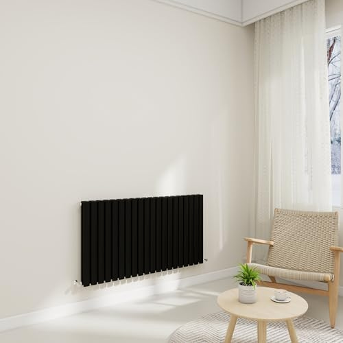 STECH HOMES Horizontal Oval Column Radiator 600x1180mm Black Double | Designer Wall-Mounted Central Heating Radiators for Bedrooms & Living Rooms, Traditional Design with Rapid Heat Output