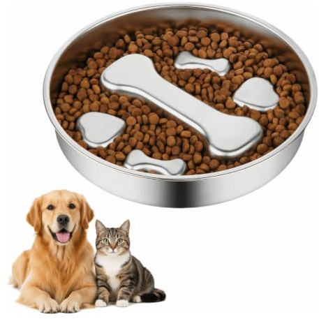 Stainless Steel Slow Feeder Dog Bowl - Non-Slip Fun Bone Print Puzzle Dish for Fast Eaters, Medium Size (18x4cm) Promotes Healthy Digestion and Prevents Bloat