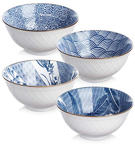 Y YHY tazón de cereal de 700 ml, ensaladera, tazón de ramen, tazón de sopa de cerámica, juego de vajilla de porcelana azul-blanca para sopa, ensalada, fideos, arroz, ramen, juego de 4