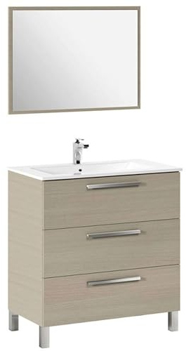 ARKITMOBEL Mueble de Baño Athena con 3 Cajones y Espejo, Módulo de Lavabo con Patas, Color Roble, Medidas: 80x86x45 cm (Lavabo No Incluido)