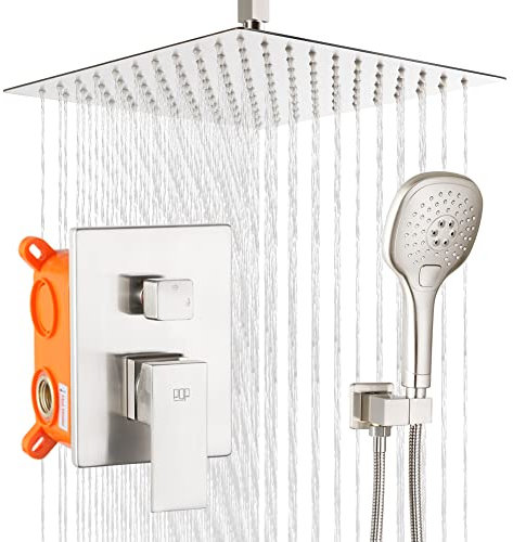 Système de douche à fixation au plafond - En nickel brossé - Mitigeur de douche de luxe - Pommeau de douche et poignée de 25,4 cm - Kit de garniture de douche avec valve