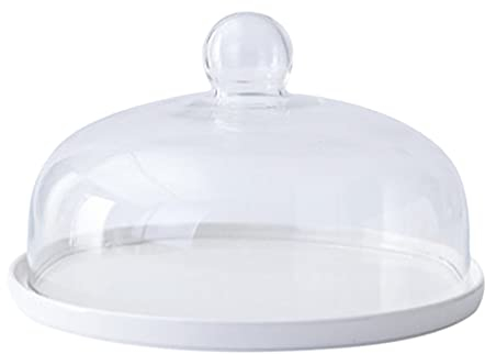 DOITOOL Afternoon Tea Stands Clear Glass Dome Cloche with Ceramic Base Handle Cloche Bell Jar Cake Display Case Tabletop Centerpiece for Dessert Cheese Pastries 7 inch Cake Stands