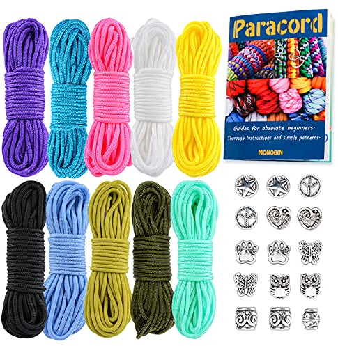 MONOBIN Micro Paracord, 2mm 10Colors 20FT Paracord Combo Kit mit Paracord Anleitung und Charms für die Herstellung von Paracord Armbänder, Lanyards