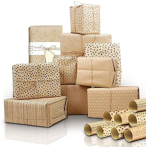 Geschenkpapier 8 Rolle, Kraftpapier Rolle Recyclingpapier, Geschenkpapier Rollen Geburtstag Männer Frauen, Kraftpapier für Valentinstag Weihnachten Kinder Modern Edel Natur Braun (50×70cm 8 Rollen B)