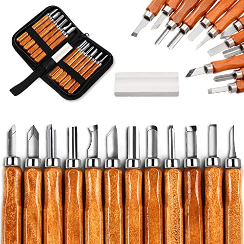 Holz Schnitzmesser Schnitzwerkzeug, 12 Tlg. Schnitzmesser-Set, Meißel Holzschnitzerei Messer Inkl. Tasche Abziehstein Ideales Schnitzmesser-Set Zum Schnitzen Von Holz Für Profis & Anfänger