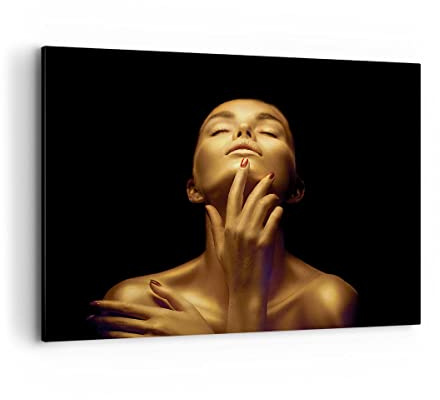 ARTTOR Leinwandbild 100x70cm Wandbild Menschen - 4573 | Gold Frau Hallo Groß Wanddekoration Wohnzimmer Schlafzimmer Küche Wanddeko Wand Kunstdruck Wandkunst Wall Decor ARTTOR