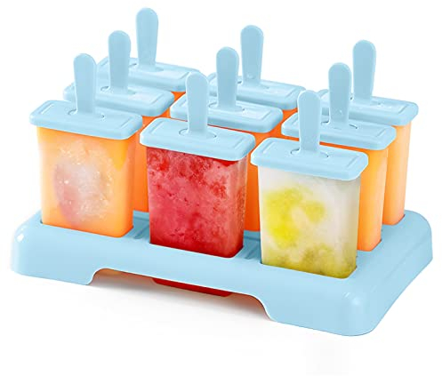 WWW Blue Popsicle Moulds, 9-Piece Ice Cream Mould Set with Sticks, BPA Free, Rectangular Prism Shaped, DIY Ideas