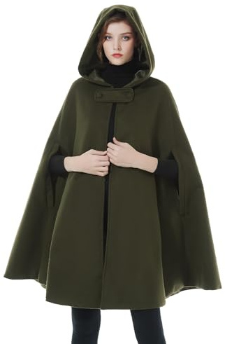 BEAUTELICATE Donna Mantello con Cappuccio Inverno Misto Lana Cappotto Medievale Robe Lungo Poncho Giacca con Giromanica per Cosplay Halloween Costume Natale (Verde Cachi - Mezza Lunghezza 90cm)