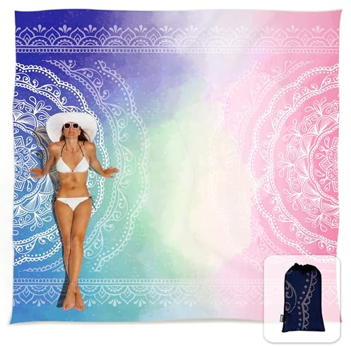 Sunlit Extra großes, sanddichtes Boho-Strandtuch, 3 x 2,7 m, sanddichte Matte mit Ecktaschen und Netztasche für Strandparty, Reisen, Camping und Outdoor-Musikfestival, Blau und Pink Mandala