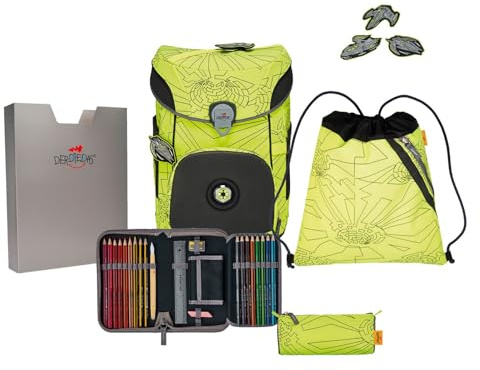 DER DIE DAS leichter Schulranzen, ErgoFlex Easy Superflash Neon „Neon Fighter“ Set 5-teilig, ca. 20,5 l Volumen, ca. 950 g Gewicht