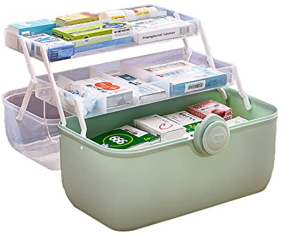 Uotyle Medicine Storage Box 3-Layers Medical Box with Protable Handle Household, First Aid Organiser Case, Plastic Portable Craft Box Kit, Sewing Craft Container for Cosmetics, Jewelry, Pills (Green)