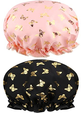2 PCS Shower Cap Elastic Band Waterproof Bath Caps Double Layers Reusable With Ruffled Edge Covering Ears for Girls and Women