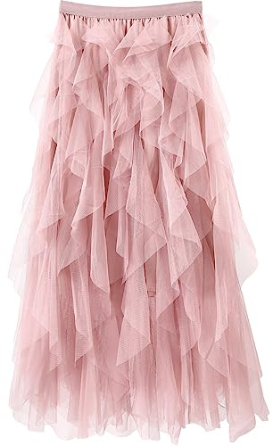 Women Tulle Skirts Layered Tutu Skirt Midi Length Elastic High Waist A Line Skirt (Pink)