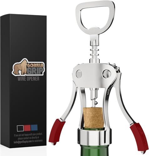 GORILLA GRIP BPA-Free Premium Wine Opener, Heavy Duty Zinc Alloy Wing Corkscrew, Multifunctional Bottle Openers Remove Corks, Caps, Easy to Use Sharp Cork Screw, Dishwasher Safe, Bar Essential, Red