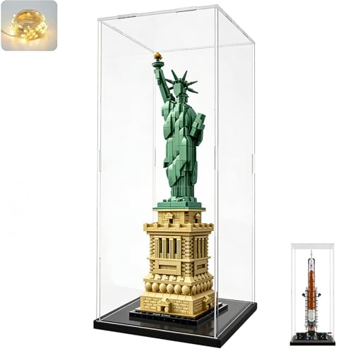 Vitrine Acrylique 3MM pour Collection pour Lego 21042 Statue Liberté 42221 SLS NASA Artemis Figurine, Épaissie Boite Transparente Plexiglas Vitrines et Rangements avec LED, Noir Intérieur 20x20x50cm