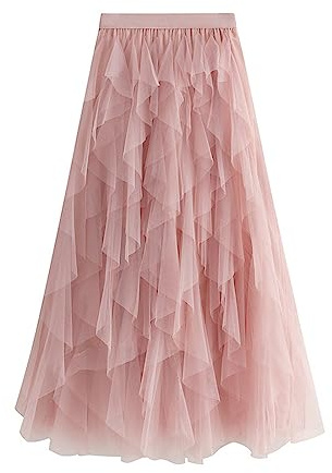 Jemsia Midi Tulle Skirt A-line Elastic High Waist Irregular Layered Tiered Mesh Ballet Prom Wedding Party One Size Skirt Pink