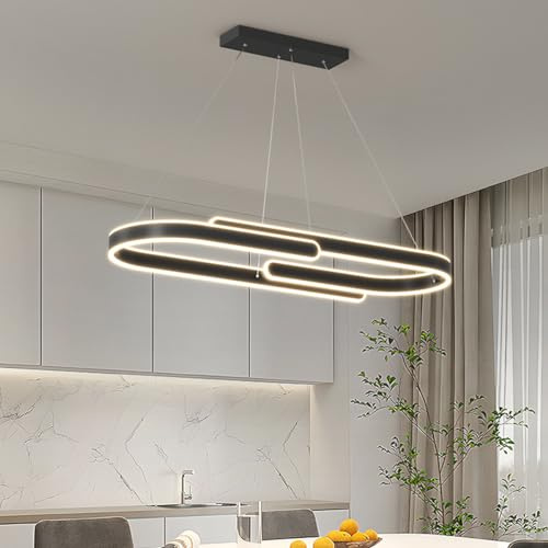 Bellastein Moderne Esstisch Pendelleuchte Mit Fernbedienung 50W Kronleuchter Dimmbares Oval Restaurant Hängeleuchte Höhenverstellbar Büros Wohnzimmer Küche Esszimmer Deckenlampe (Schwarz)