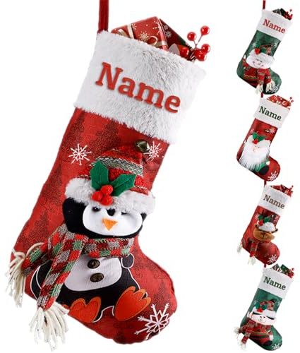 witfox Chaussette de noël personnalisée avec nom - Chaussette de Noël pour Enfants en Coton et Lin avec Pingouin en 3D, Décorations de Noël personnalisées pour Les Enfants et la Famille
