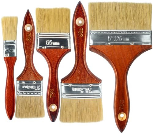 Roellgs 5 Pack Thick Blade Paint Brushes, Staining Brushes for Wall and Fence Staining, Wood Handled Masonry Paint Brushes for Varnish, Paste and Plaster Powder