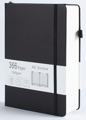 Thick Bullet Notebook with 366 Numbered Pages, A5 Dotted Journal for Writing with 100GSM Dot Grid Paper, Hardcover Leather Notebooks for Women Men School Note Taking Office Work Diary, 5.7x8.3 Black