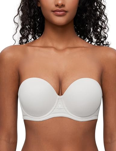 Deyllo Women's Strapless Bra Padded Cup Push Up Plus Size Full Coverage Underwire Support(White,34B)