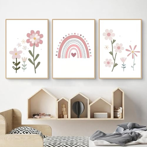 Uixxducc 3er Set Bilder Kinderzimmer Mädchen Poster Kinderzimmer Deko, Regenbogen, Blumen, Liebe und Schloss Wandbilder Babyzimmer Deko, OHNE Rahmen (A,30x40cm)