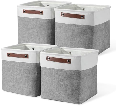 HDRNT Aufbewahrungsbox,Faltbare Aufbewahrungswürfel 4 Stück(30x30x30CM),Organizer aus Stoff mit Griffen,Körbe Aufbewahrung,Körbe für Regale Kallax,Organisation,Faltboxen (weiß + grau)