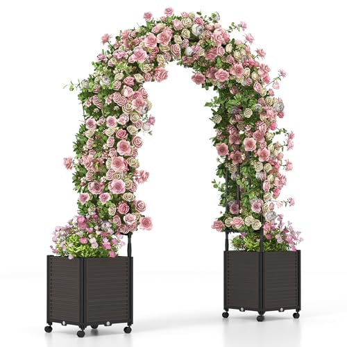 RELAX4LIFE 2M Traliccio ad Arco, Pergola ad Arco in Metallo con Casse di Fiori su Ruote, Tubi in Metallo Rivestiti in PE, Sistema di Auto-irrigazione per Piante Rampicanti, per Cortile, Matrimonio