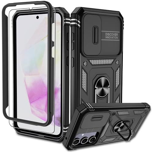 Pilaru Samsung Galaxy A35-fodral, A35 5G kameraskydd mobiltelefonfodral med 1 st skyddsfilm, 360° vridbar ring skyddsfodral militär stötsäker reptålig utomhus mobiltelefon fodral för Samsung A35-svart