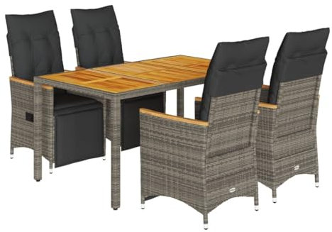 vidaXL Garten Bistroset 5-TLG., Balkonset mit Kissen, Gartenmöbel Tisch 4 Verstellbare Stühle, Balkonmöbel Sitzgruppe Gartengarnitur, Grau Poly Rattan