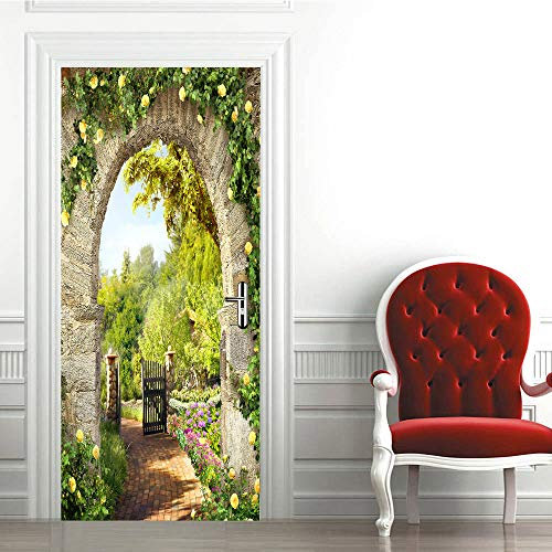 Trompe l'oeil Adesivi per Porte Carta Parati Porta Sticker Murale Poster Adesivi per Porte Interne Autoadesiva Impermeabile Fotomurali Wallpaper Decorazione da Parete 90x210 cm Paesaggio Verde