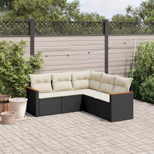 Faroom Balkon Ecklounge mit Stauraum Gartenlounge Klein Balkon Lounge Balkonsofa Kleiner Balkon Sitzecke Balkon Loungemöbel Gartensofa Ecksofa Balkonmöbel Schwarz und Creme 5-tlg-Type-A578