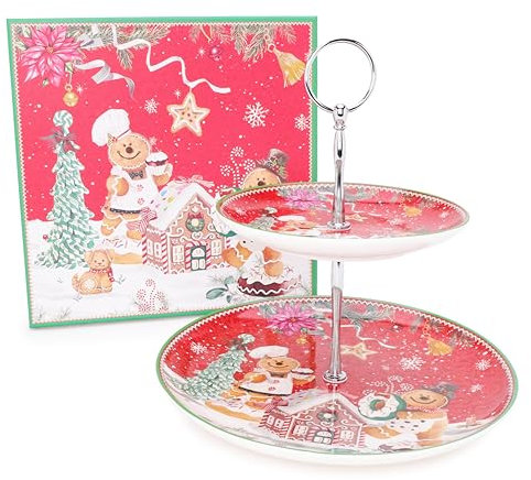 Christmas Concepts® Gamma di stoviglie in ceramica Pan di zenzero Deluxe - Alzata per torta a 2 piani con scatola regalo decorativa abbinata